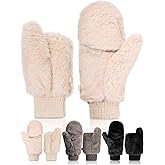 SATINIOR Faux Fur Mittens Fingerless Gloves Convertible Gloves Fluffy Winter Warm Soft Half Finger Fuzzy for Women