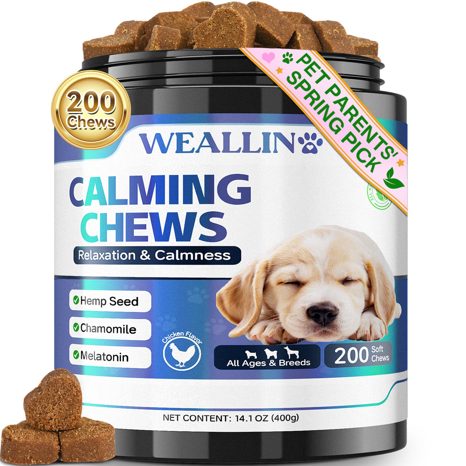 WEALLIN Dog Calming Treats, 200 Count Natural Soothing Dog Chews for Relaxation Support – Helps with Puppy Separation, Barking, Travel, Thunder & Tension – For All Breeds & Sizes – Chicken Flavor
