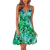 ULTRANICE Summer Dress Womens Spring 2025 Trendy Casual Wrap Flowy V Neck Adjustable Spaghetti Outfits Clothes Midi Sun Dresses(Green Blue Floral,XL)