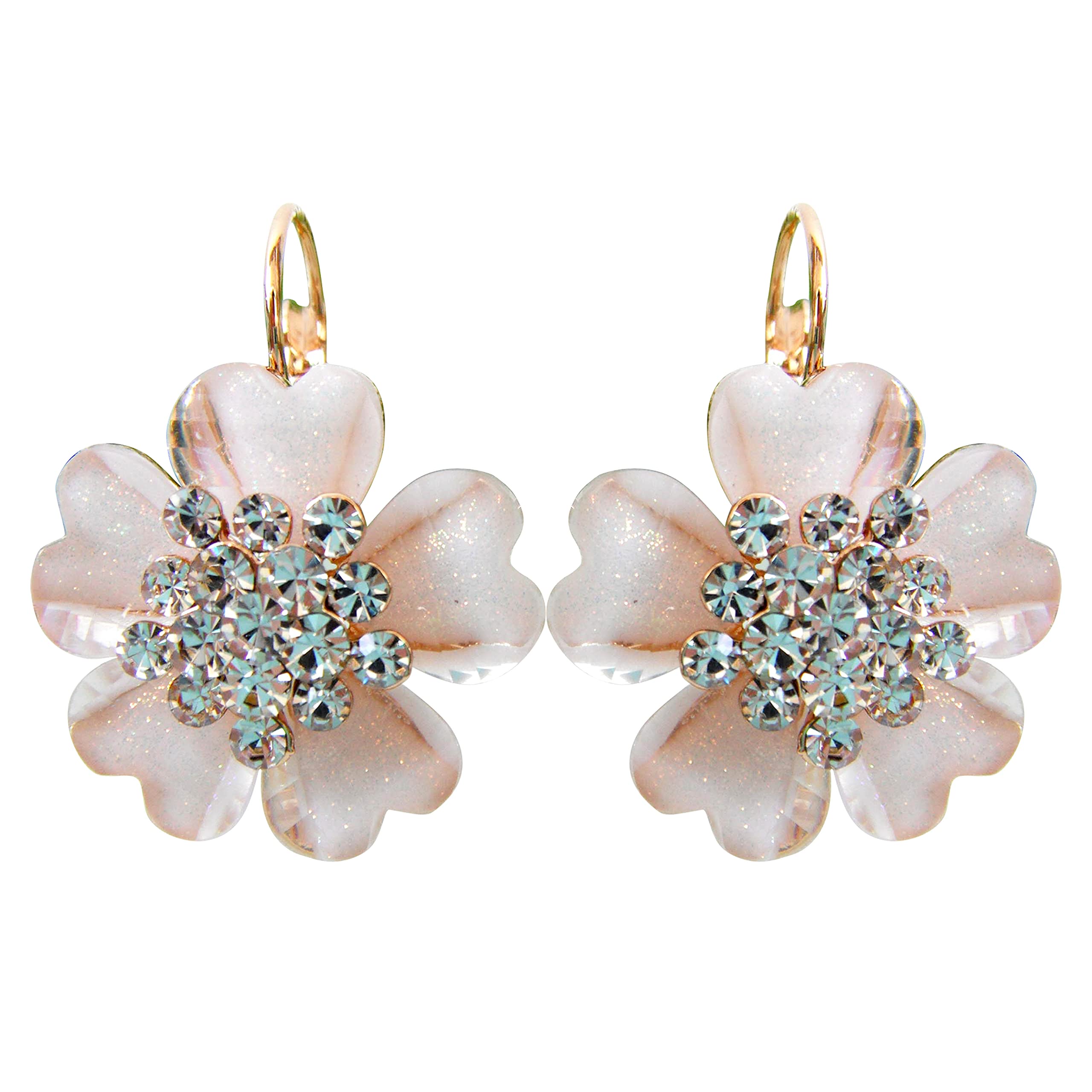 Navachi 18k Gold Plated Flower White Acatate Crystal Hoop Az1580e leverback Earrings