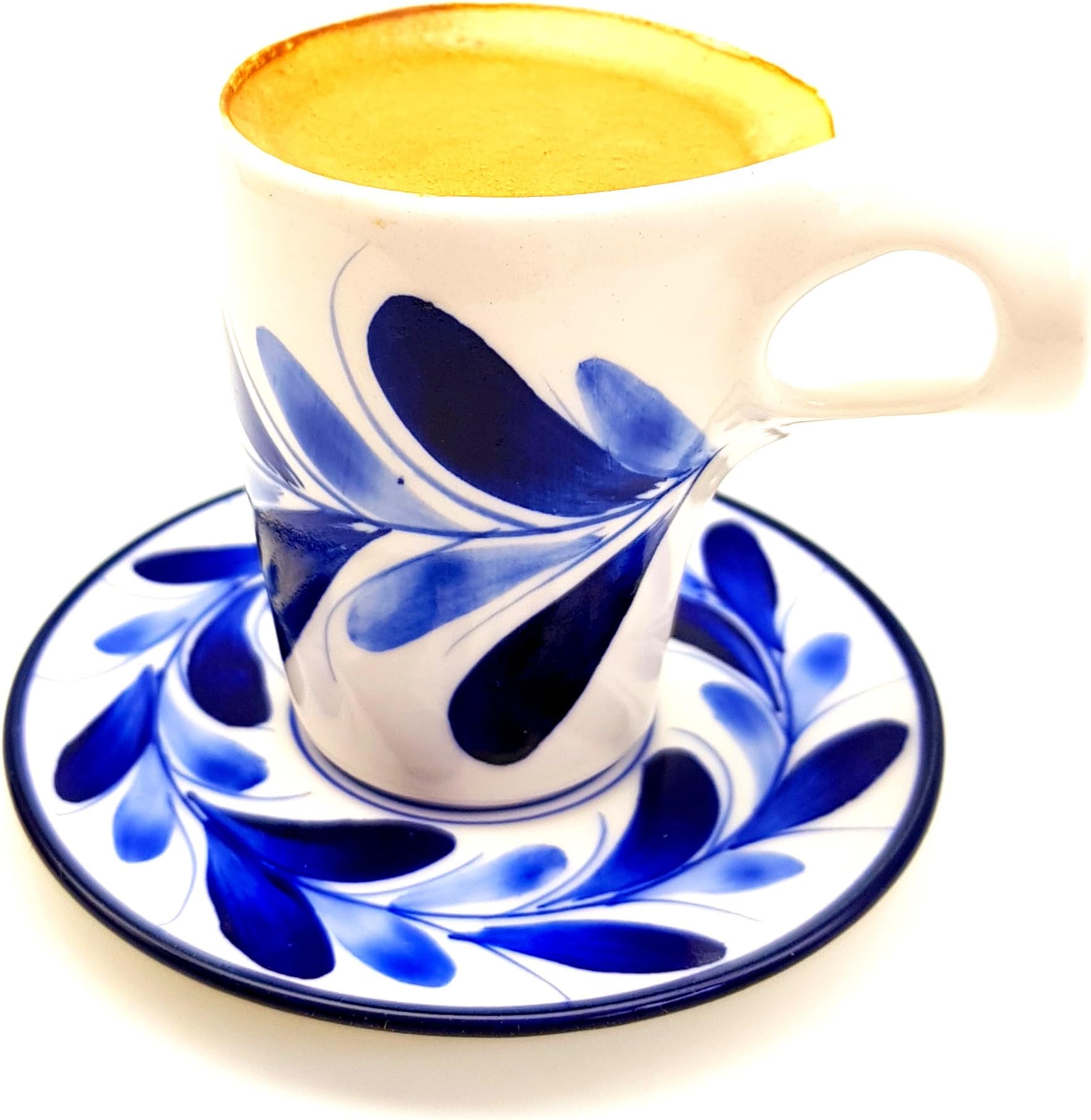 Espresso Cup and Saucer Set Finger Cross Wave Handle Porcelain Blue Vine Painting by HomeModum Set of 1