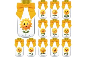 Ethisa Small 12 Pack Sunflower Party Favors - DIY Candy Jars with Ribbons and Stickers - Party Decoration Bottles for Birthday, School Classroom, Baby Shower, Bridal Shower, and Wedding - Sun Flower