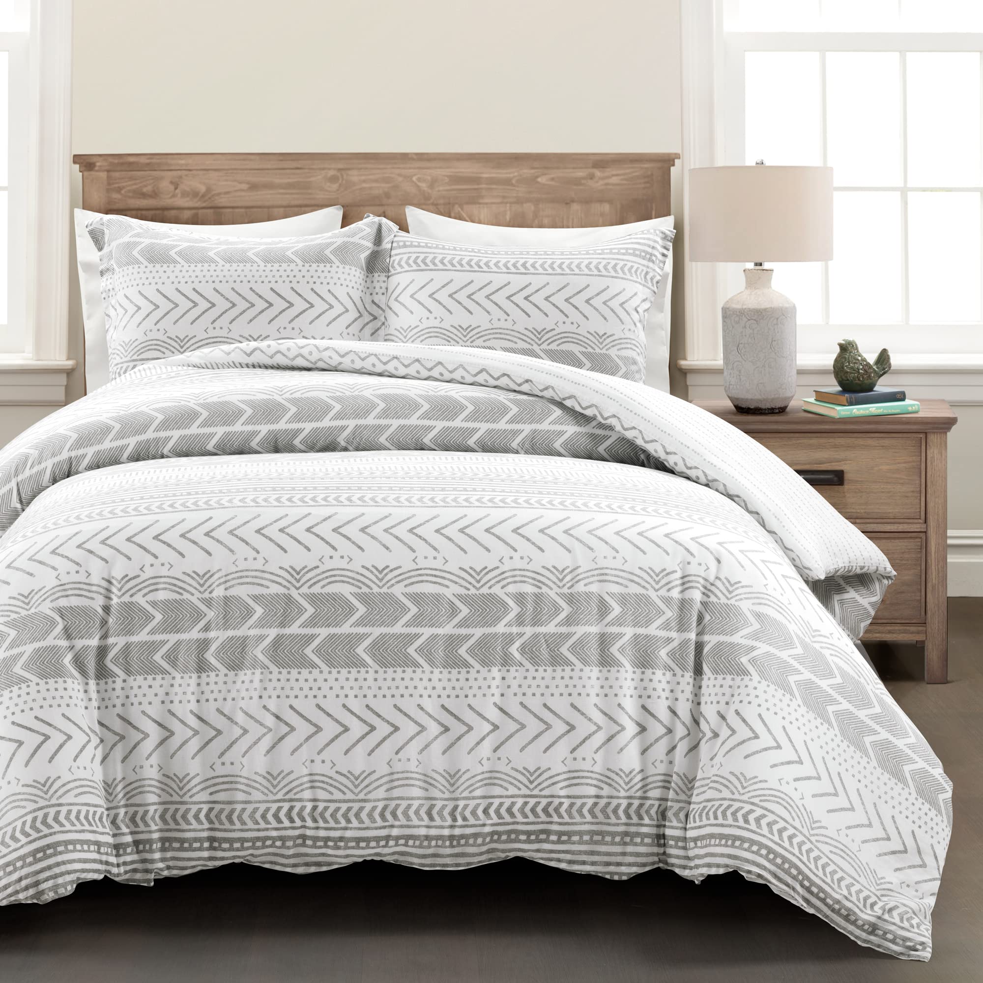 Lush Decor Hygge Geo Reversible 3 Piece Cotton Duvet Set, Full/Queen, Gray & White Image