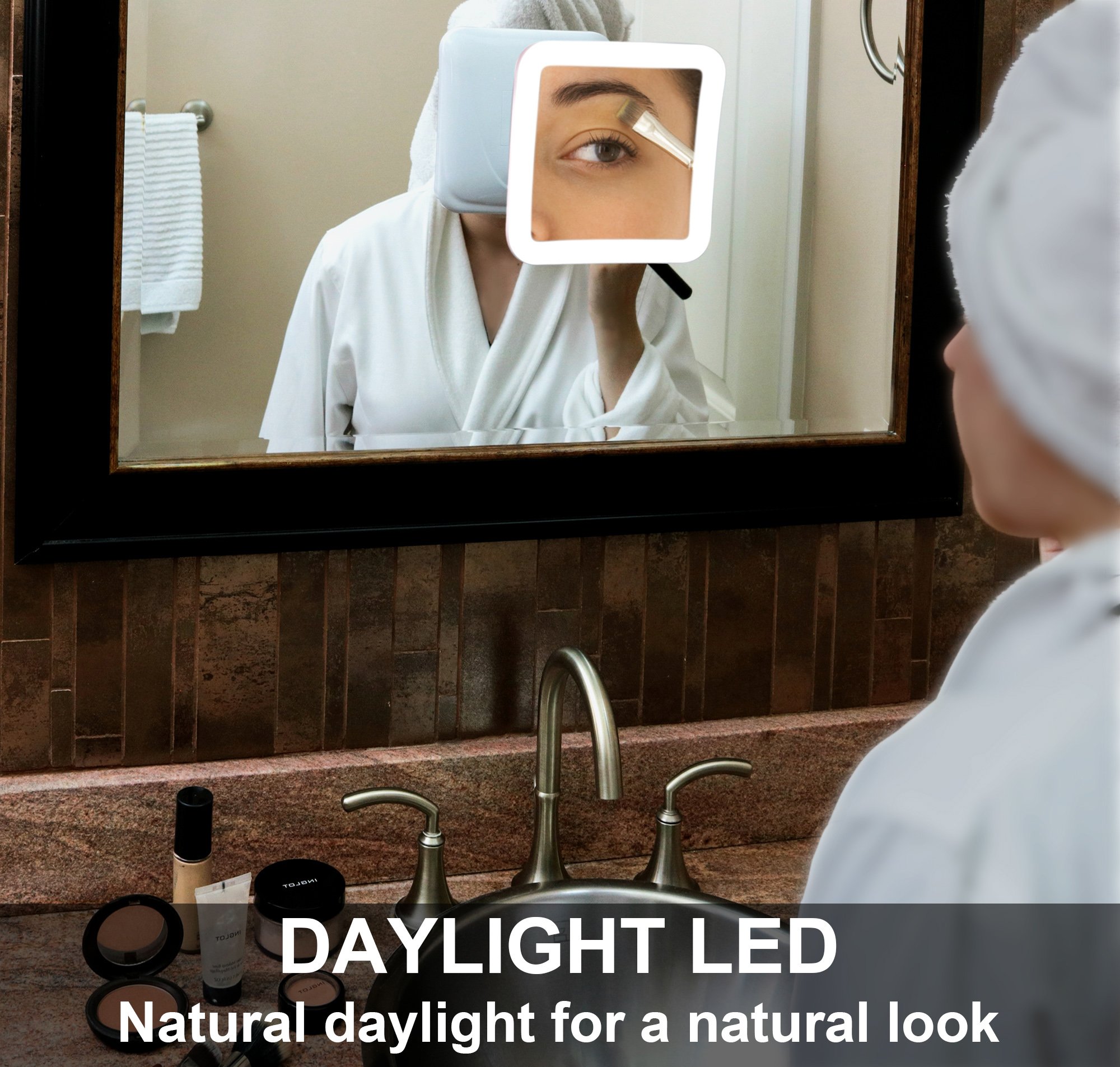 Fancii 10X Magnifying Lighted Makeup Mirror - Daylight LED Vanity Mirror - Compact, Cordless, Locking Suction, 6.5