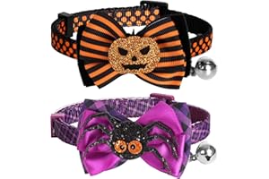 azuza Halloween Cat Collar Breakaway with Bell 2 Pack Bow Tie Pet Collar with Cute Sequined Pumpkin & Spider Cat Collar for Halloween Party Adjustable from 8" - 12"