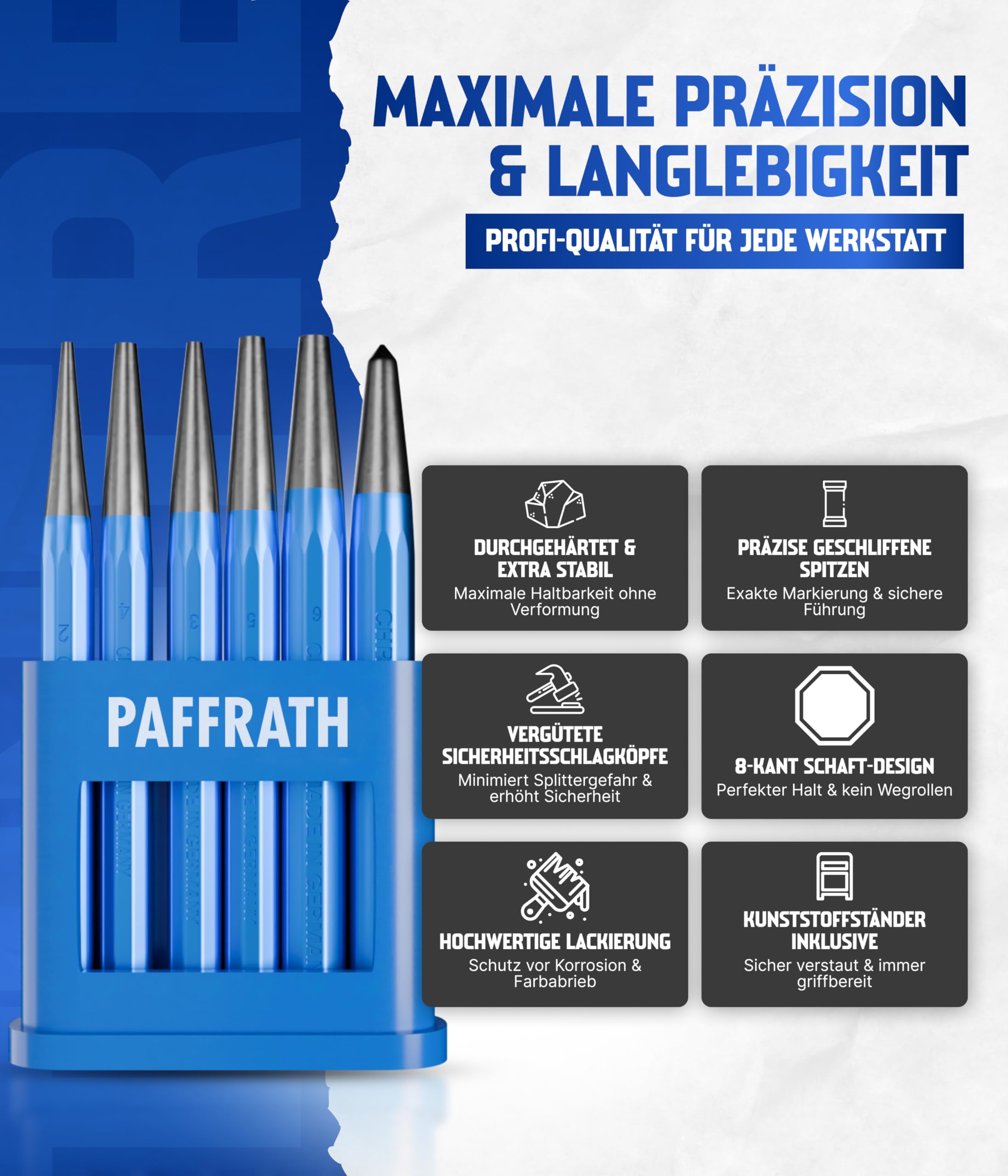 Paffrath® Durchtreiber- und Körnersatz 6-teilig – Präzise geschliffene Spitzen für exakte Markierungen – Hochwertiger Chrom-Vanadium-Stahl für maximale Haltbarkeit – Made in Germany 3