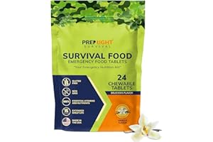 Prep-Right Survival - Survival Food Tabs, MRE for Camping, Hiking, and Prepper Supplies, Long Term Food Storage, Gluten Free and Non GMO, 15 Year Storage Shelf Life, 24 Count, Vanilla