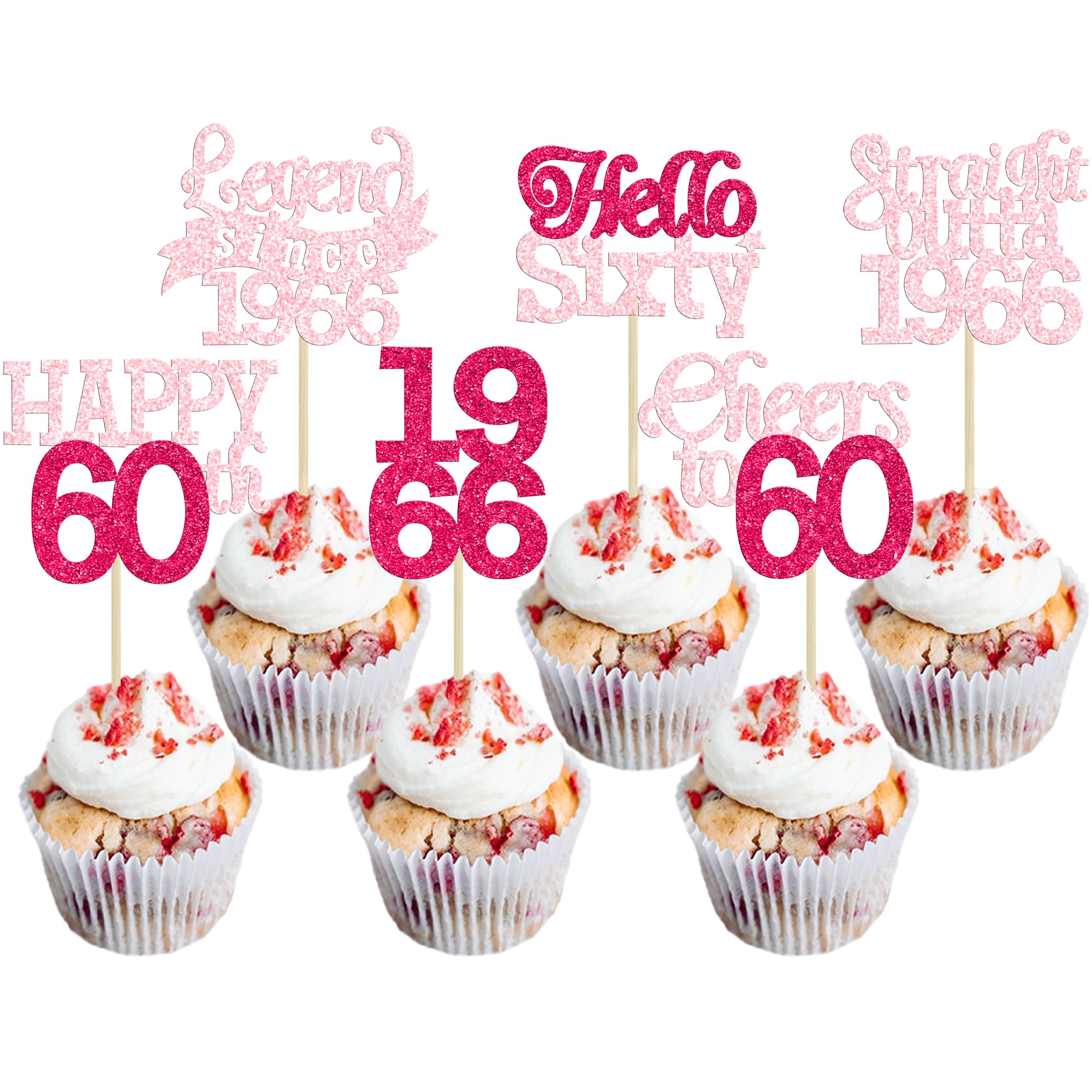 Gyufise 24Pcs Happy 60th Birthday Cupcake Toppers Hello Sixty Legend Since 1966 Cupcake Picks Cheers to 60 Years Cake Decorations for 60th Birthday Anniversary Party Supplies Pink Rose Red