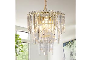 A AXILIXI Crystal Gold Pendant Light Small Round Chandelier 16”Luxury Ceiling Hanging Chandelier with Chain Semi Flush Mount Chandeliers for Entryway Kitchen Island Dining Room