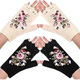 Chicingyou 2 Pairs Fingerless Mittens for Women Handmade Flower Embroidered Half Gloves Women's Knitted Gloves Short Half Finger Elastic Warm Mittens for Ladies Autumn Winter Coldproof Black and White