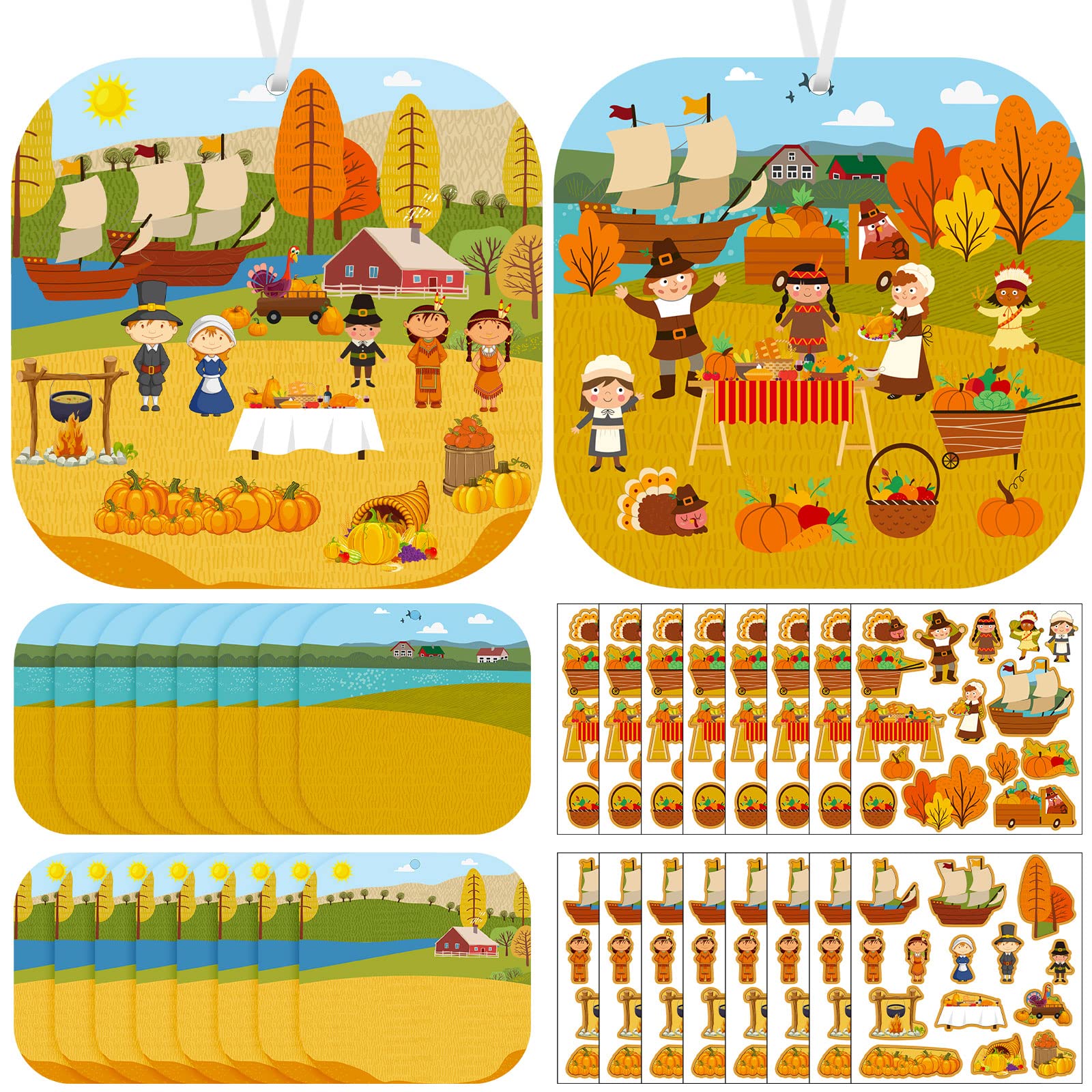 Photo 1 of 16 Sets Thanksgiving Crafts for Kids Thanksgiving Sticker Scene Thanksgiving Party Supplies for Fall Them Party Turkey Pumpkin Fall Crafts Pilgrims Native Americans Stickers Autumn Hanging Decor
