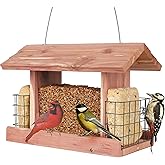 Solution4Patio US Cedar Hopper Bird Feeder for Outdoors Hanging, Handcrafted Wood Double Suet Cage & Clear View Windows, Squirrel-Proof Wild Bird Feeder for Cardinals, Finches, Chickadees