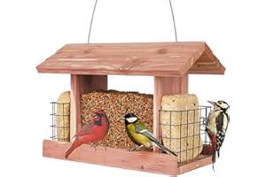 SOLUTION4PATIO EXPERT IN GARDEN CREATION Solution4Patio US Cedar Hopper Bird Feeder for Outdoors Hanging, Handcrafted Wood Double Suet Cage & Clear View Windows, Squirrel-Proof Wild Bird Feeder for Cardinals, Finches, Chickadees