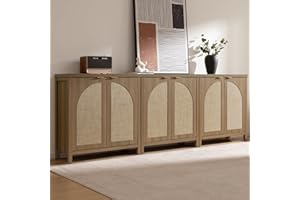 SICOTAS 102" W Rattan Sideboard Buffet Cabinet with Storage Set of 3, Mid Century Modern Credenza with Arch Doors & Shelves Farmhouse Coffee Bar Media Console Cabinets for Living Room, Entryway