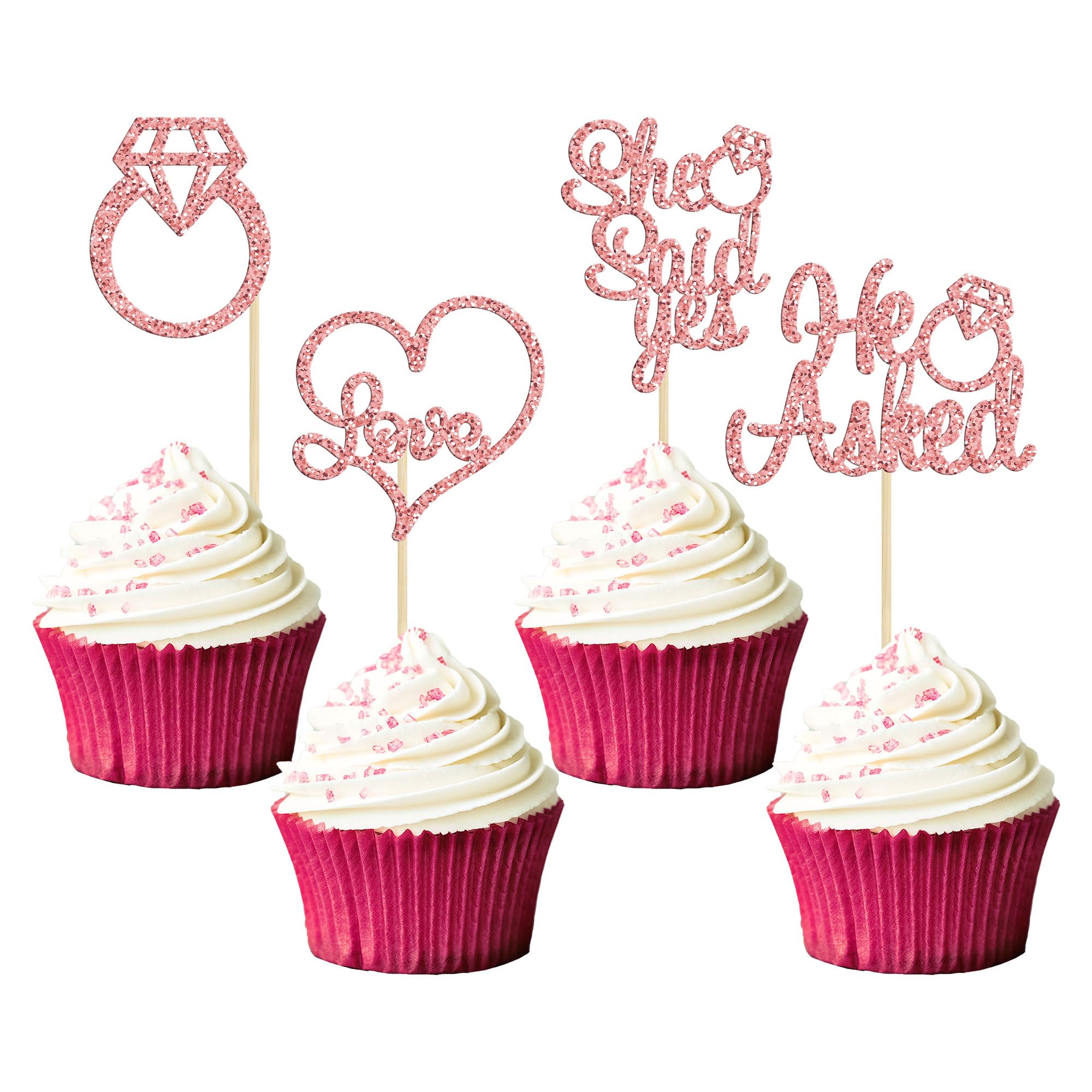 Gyufise 24Pcs Rose Gold He Asked She Said Yes Cupcake Toppers Diamond Ring Heart Cake Picks for Wedding Engagement Party Cake Decorations