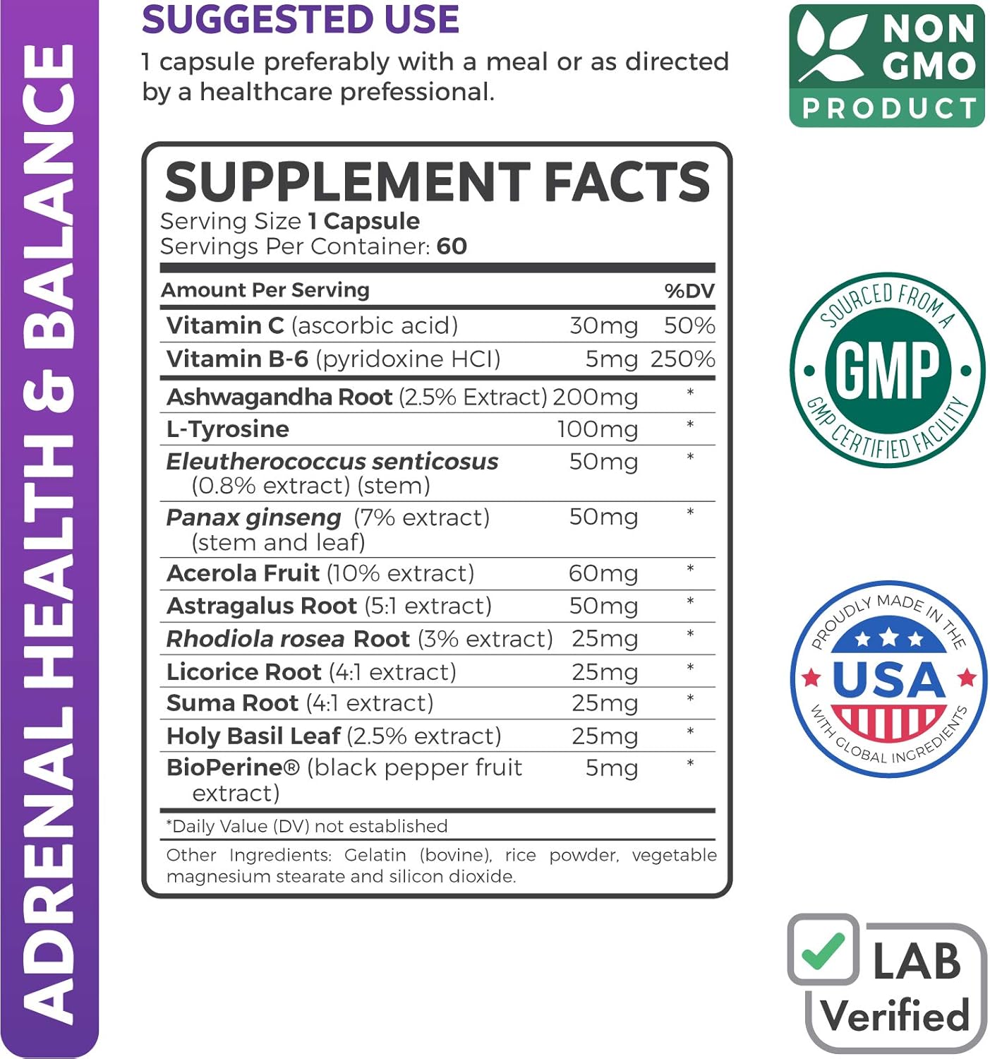 Adrenal Support & Cortisol Manager (Non-GMO) Powerful Adrenal Health with L-Tyrosine & Ashwagandha - Maintain Balanced Cortisol Levels & Stress Relief - Fatigue Supplement - 60 Capsules: Health & Personal Care