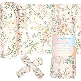 Baby Muslin Swaddle Blankets for Boys & Girls - Ultra-Soft 47x47 Inch Newborn Wrap Set with Matching Headband Bow, Breathable Floral Motif Print - 70% Bamboo Viscose & 30% Cotton Blend