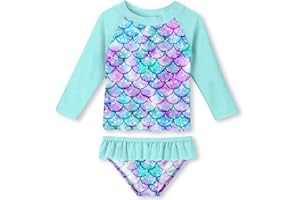 uideazone Little Girls 2-Piece Swimsuit Set Long Sleeve Rash Guard Bathing Suit with UPF 50+ Sun Protection