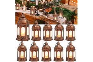 SHYMERY Mini Lantern with Flickering LED Candles,Battery Included,Decorative Hanging Lantern,Christmas Decorative Lantern,Indoor Candle Lantern,Battery Lantern Indoor Use(Set of 8 Copper Brushed)