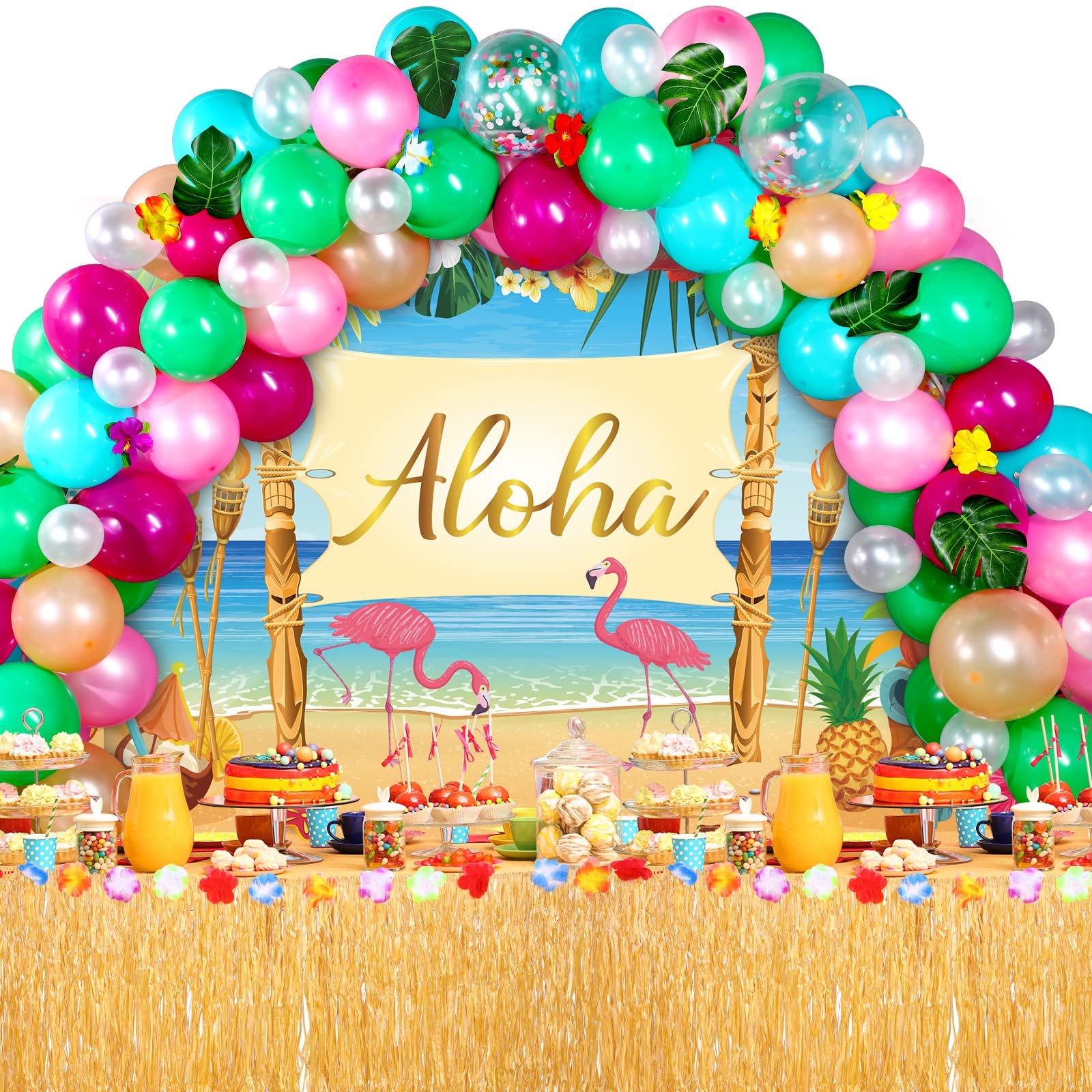 Photo 1 of 115 Pcs Hawaiian Aloha Party Decorations Set Tropical Hawaiian Luau Supplies Includes Palm Leaves Backdrop Table Skirt Multi-color Balloons Arch Hibiscus Flowers for Tropical Beach Party