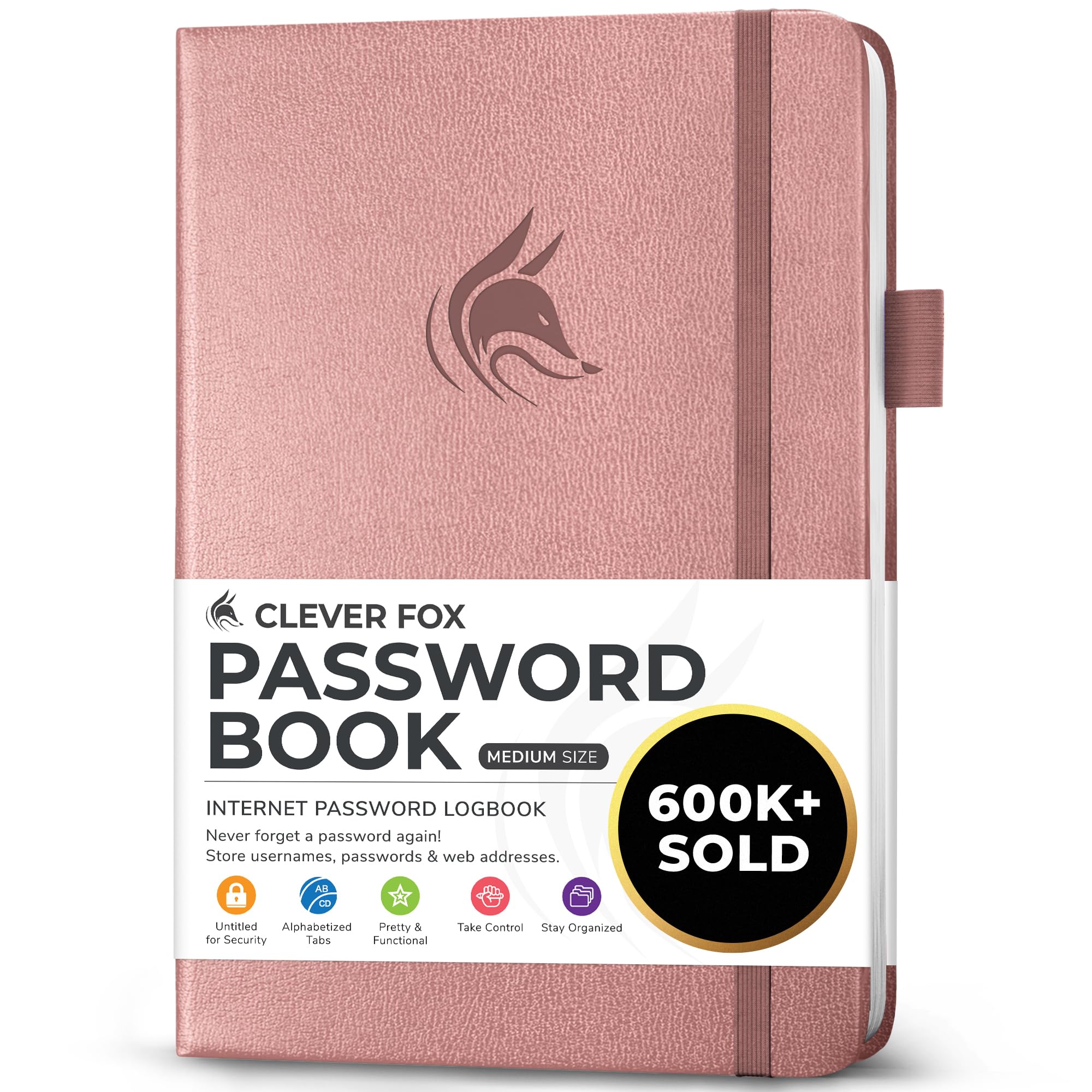 Clever Fox Password Book with alphabetical tabs. Internet Address Organizer Logbook. Medium Password Keeper for Website Logins (Rose Gold)