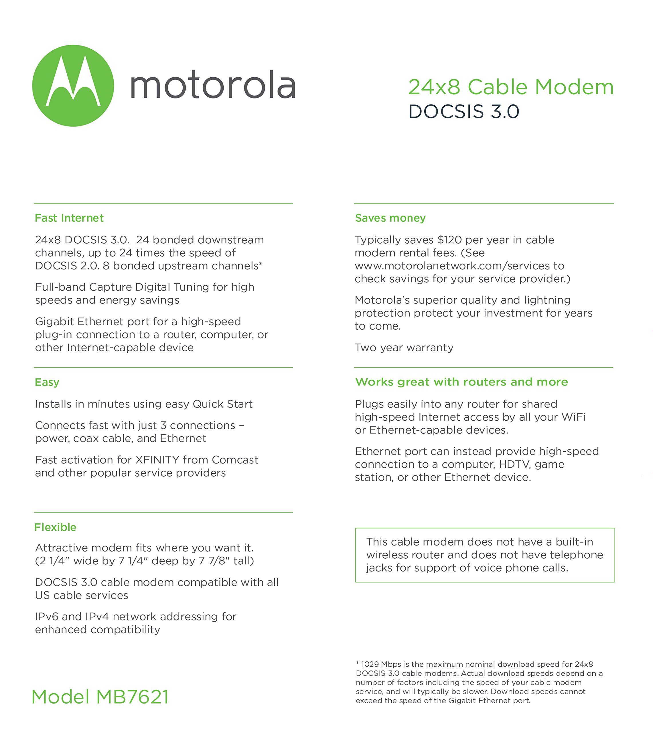 Motorola 24x8 Cable Modem Model Mb7621 Docsis 3 0 Approved By