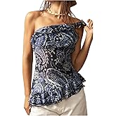 MakeMeChic Women's Floral Print Blouse One Shoulder Asymmetrical Ruffle Tiered Summer Boho Tops Shirt