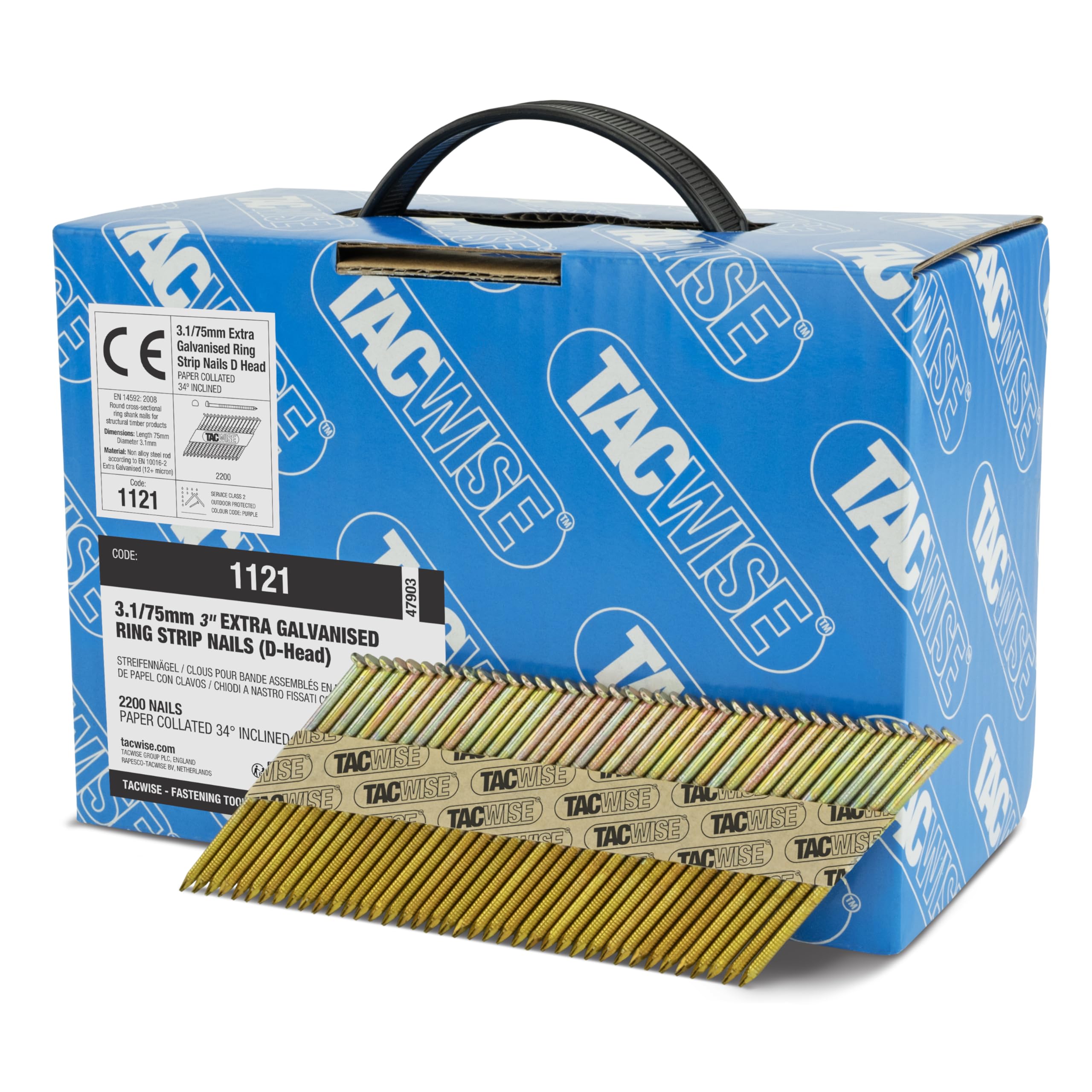 Tacwise 1121 3.1 / 75 mm Extra Galvanised Framing Nails, D Head, Ring Shank, 34° Inclined, Paper Collated, Pack of 2,200, Silver