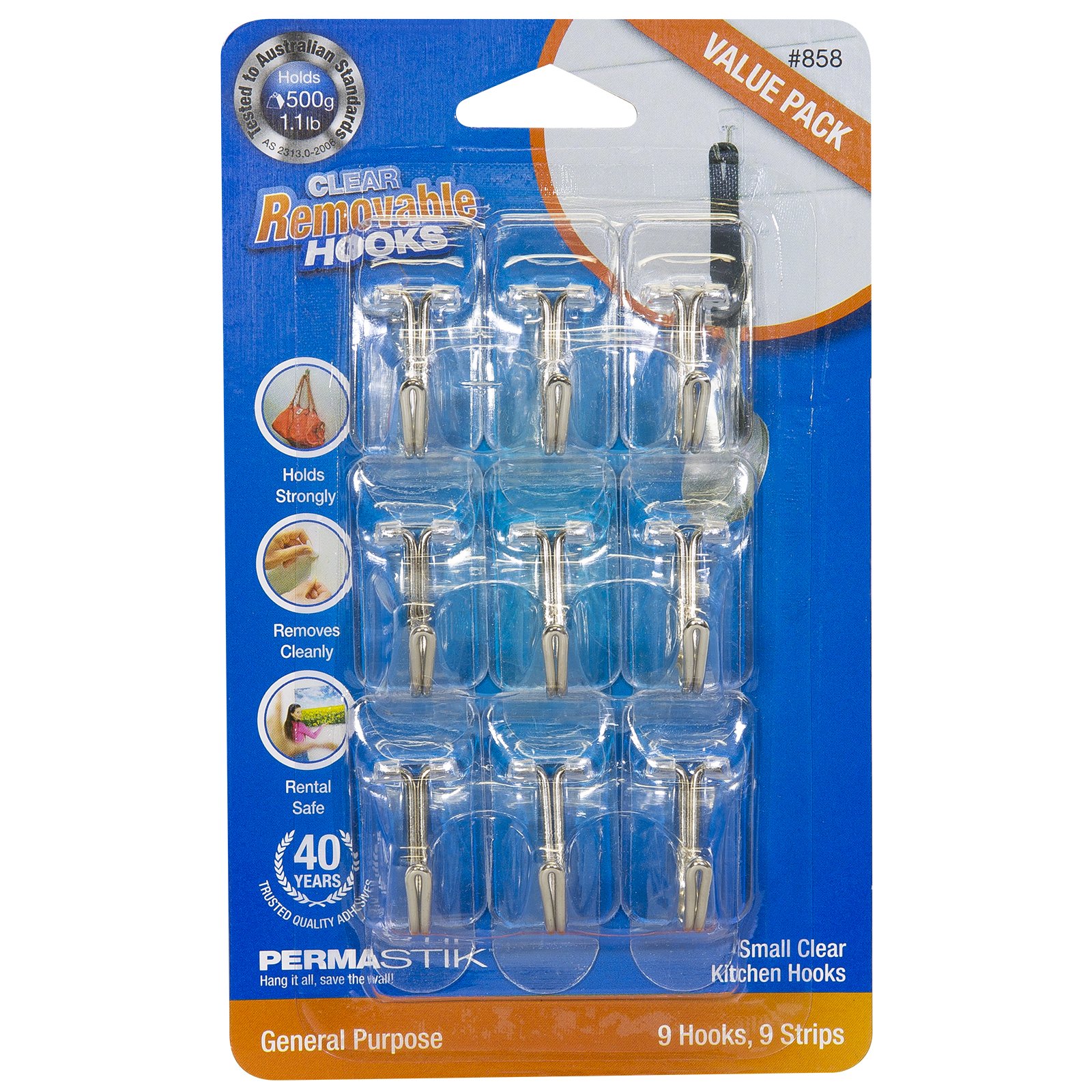 PermaStik 858 Clear Small Kitchen Wire Hooks Value Pack, 9 Hook & 9 Clear Adhesive Strips, Holds 500g Each, Humidity Resistant