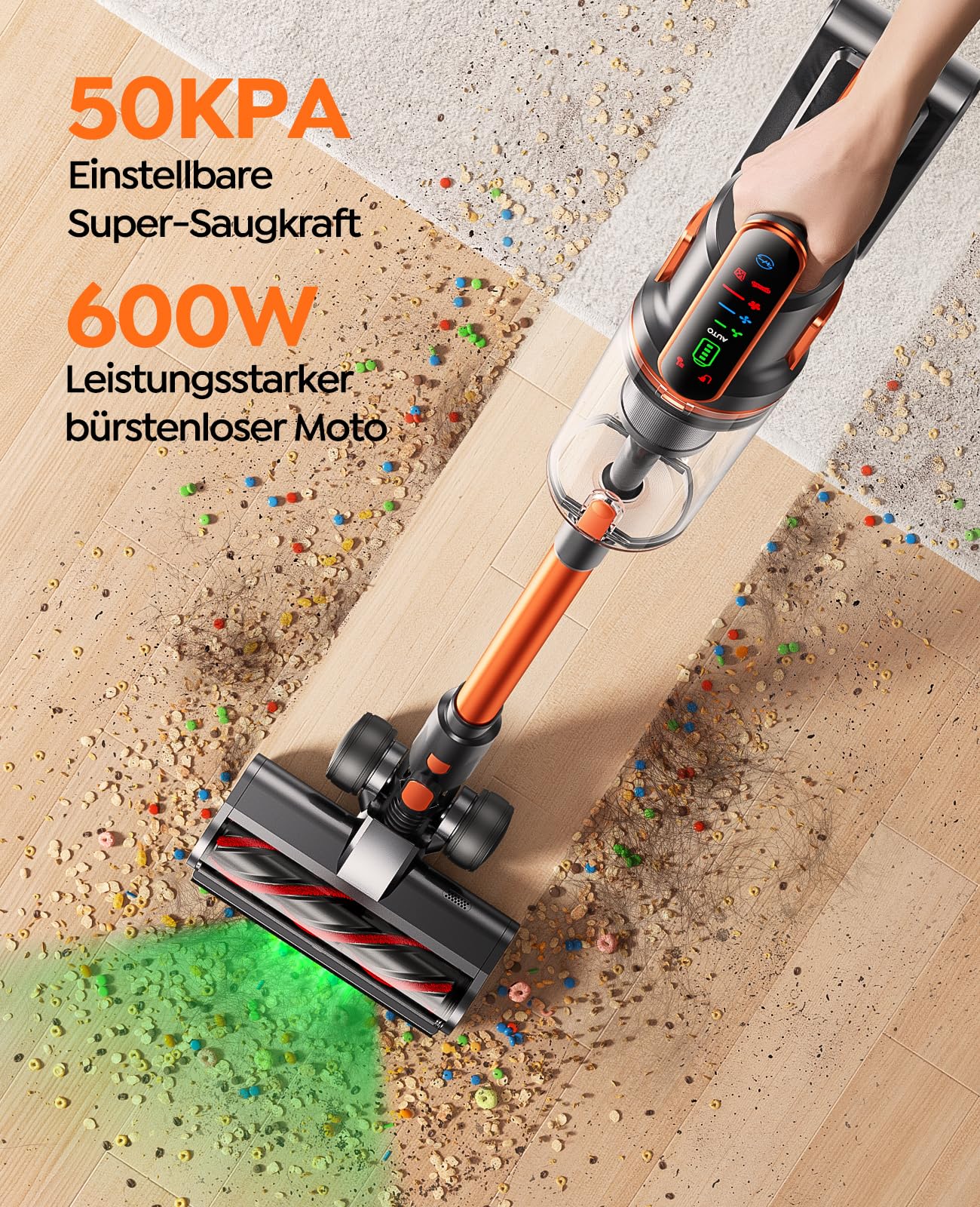 Fieety Akku Staubsauger,600W/50kPa/65Min Staubsauger Kabellos mit Wandmontierte Ladestation, Aromatherapie, Automatikmodus, Touchscreen, 1M Ausziehbarer Schlauch für Hartböden Teppiche Tierhaare Auto 2