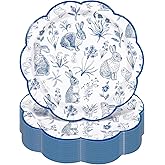 Whaline Easter Scalloped Paper Plates Disposable Plates Blue White Retro Bunny Rabbit Chinoiserie Floral Decorative Dinner Dessert Plate for Spring Baby Shower Birthday Party Supplies, 40 Pcs