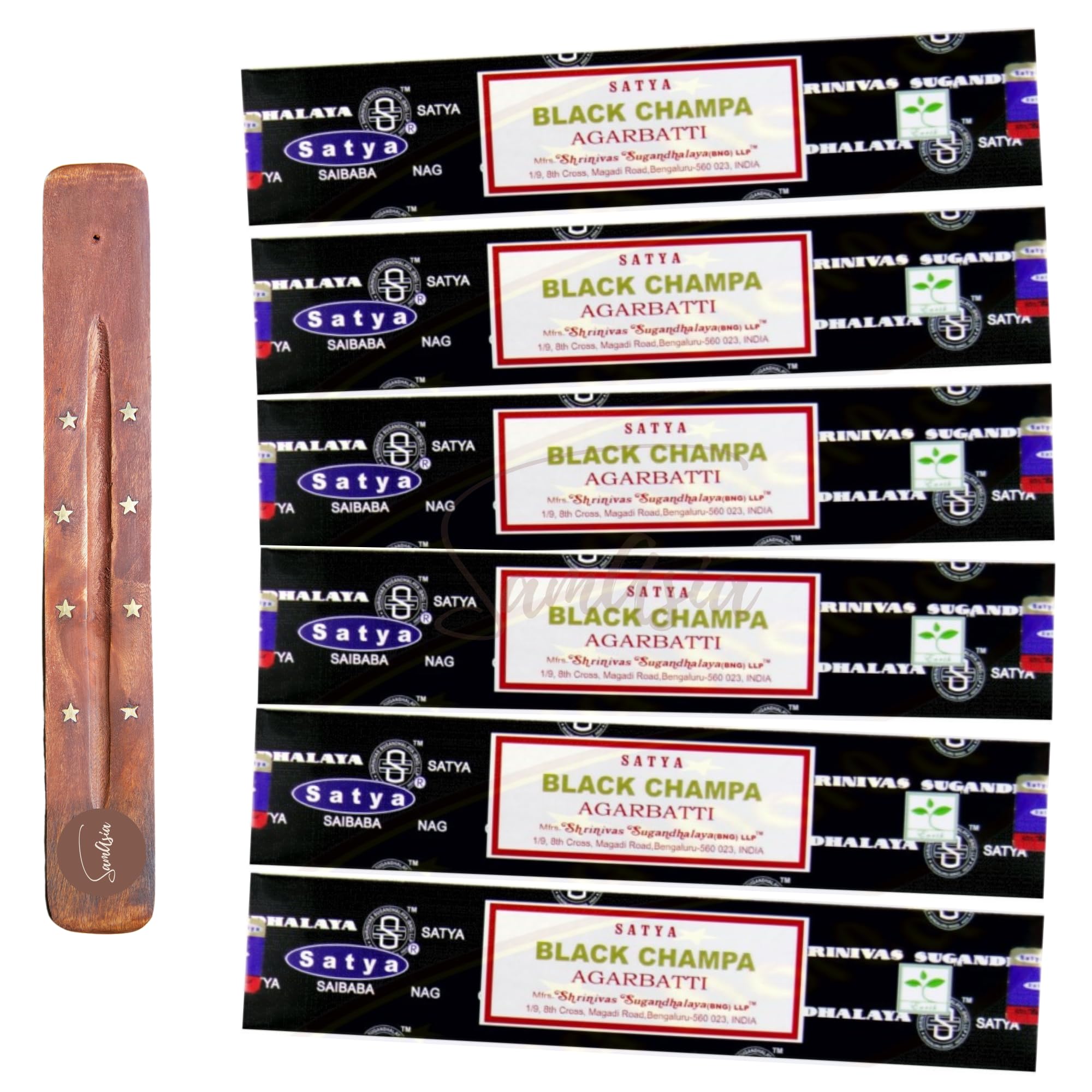Satya Nag Champa Black Champa Incense Sticks | x6 pack | with SAMASIA incense sticks holder | Used for Aromatherapy, Spa, Yoga, Weddings, Meditation, Healing, Positivity and Relaxation