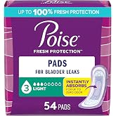 Poise Incontinence &amp; Postpartum Pads for Bladder Leaks, 3 Drop Light Absorbency, Regular Length, 54 Count, Packaging May Vary