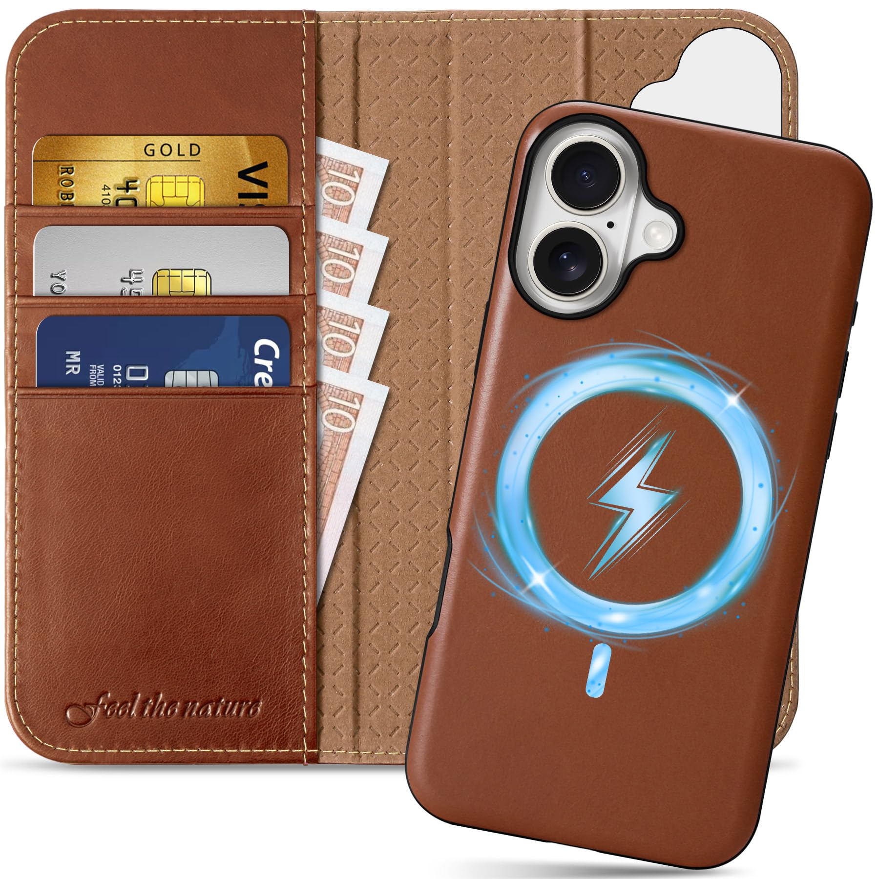 SHIELDON Case for iPhone 16 Plus 5G, Genuine Leather Detachable Wallet Case with Card Holder [RFID Blocking][Kickstand] 2 in 1 Magnetic Removable Case Compatible with iPhone 16 Plus 6.7" - Retro Brown