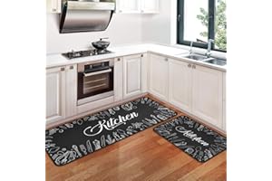OUXIOAZ 2 PCS Kitchen Rugs and Mats Non Skid Washable Black Kitchen Mat Soft Super Absorbent Anti Fatigue Kitchen Mat Runner Set Doormat Bathroom 17"x47"+17"x30"