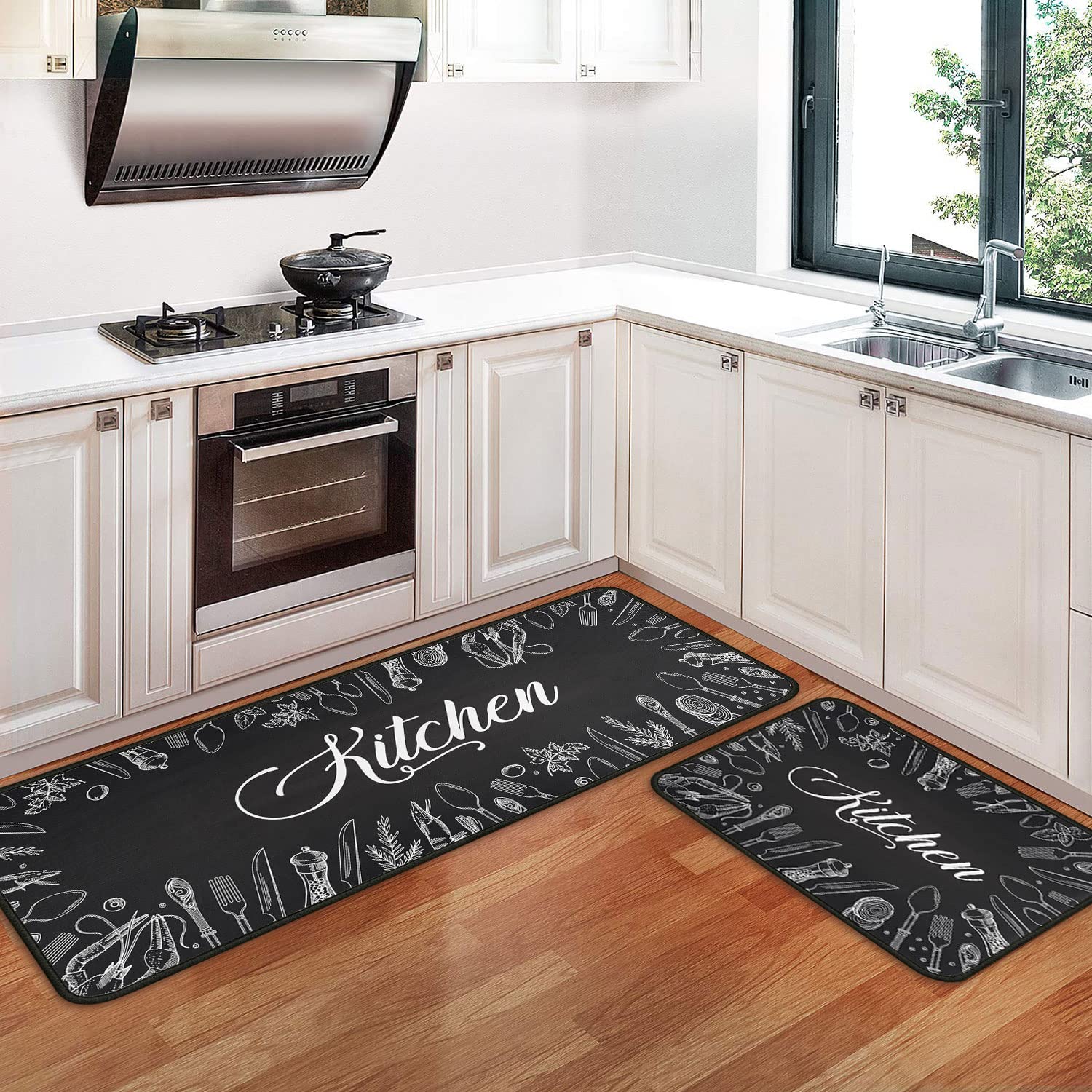 Photo 1 of 2 PCS Kitchen Rugs and Mats Non Skid Washable Black Kitchen Mat Soft Super Absorbent Anti Fatigue Kitchen Mat Runner Set Doormat Bathroom 17"x47"+17"x30"