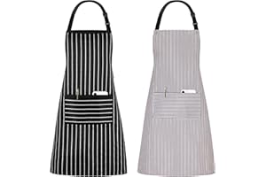 Jubatus 2 Pack Kitchen Aprons Striped Cooking Chef Adjustable Bib Apron with 2 Pockets for Men Women, Black Stripe/Brown Pins