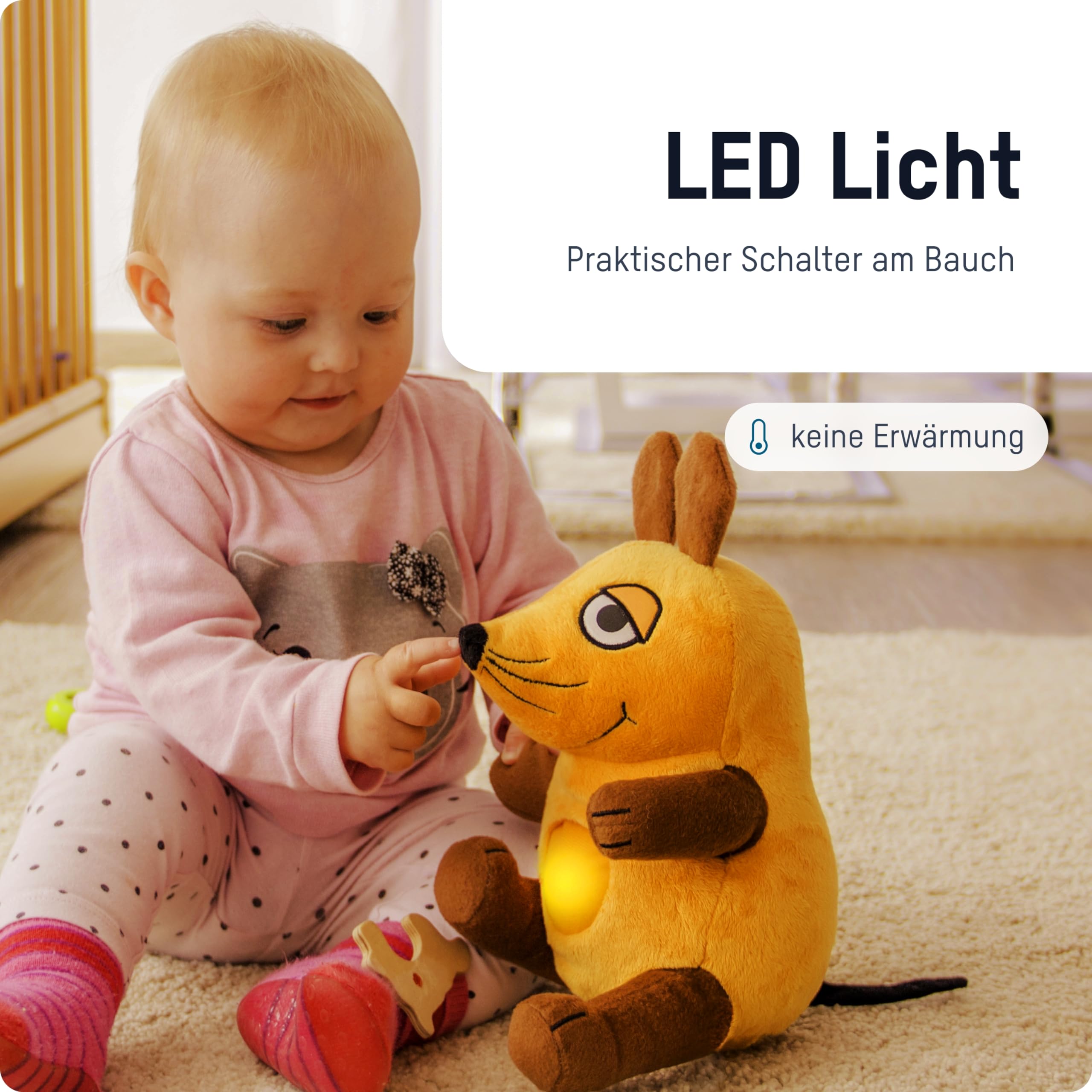 ANSMANN Kuscheltier mit LED Nachtlicht „Die Maus“ von der TV Sendung mit der Maus - Einschlafhilfe zum Kuscheln mit Musik Funktion - Kuschelweiches 2 in 1 Plüschtier für Kinderzimmer 4