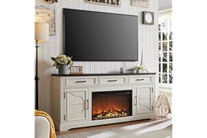JXQTLINGMU Farmhouse Fireplace TV Stand for Up to 80 Inch TV, Entertainment Center with 30" Electric Fireplace for 65 75 Inch TV, 70" TV Stand with Storage Cabinet Drawer for Living Room (Off White)