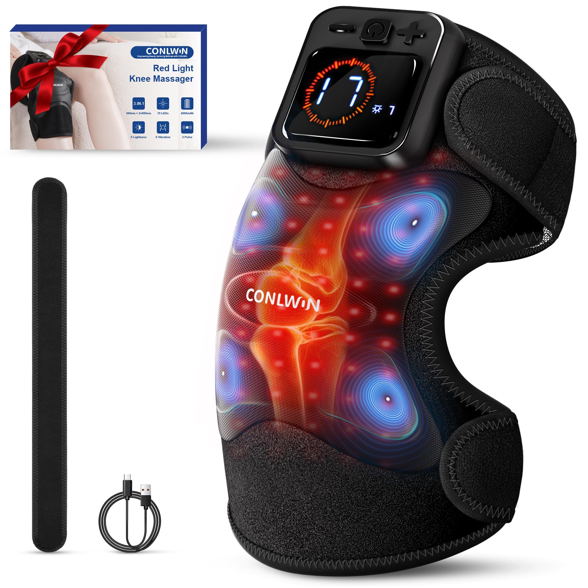 Photo 1 of CONLWIN 4-in-1 Cordless Knee Massager with Heat and Red Light Therapy for Knees, 6 Vibration & 4 Pulses Knee Pain Relief Device for Shoulder Elbow, Perfect for Women Men Seniors