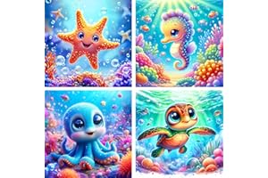 LOPHOMIE 4 Pack Animals Paint by Number for Kids, Cute Sea Animals 4-8 Painting Kits for Kids Ages for Beginners,Easy Acrylic Watercolor Paint by Numbers Canvas Arts and Craftsfor Wall Decor Gift (8x8in).