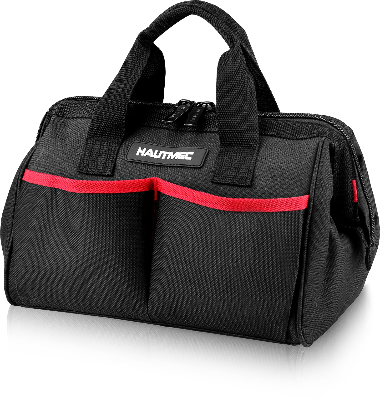 HAUTMEC 12 Inch Small Tool Bag, Heavy-Duty 1680D Wide Mouth Tool Bag with Metal Frame, Double Zipper, Non-Slip Base, 4-Pockets Foldable Tool Tote Bag – HT0286