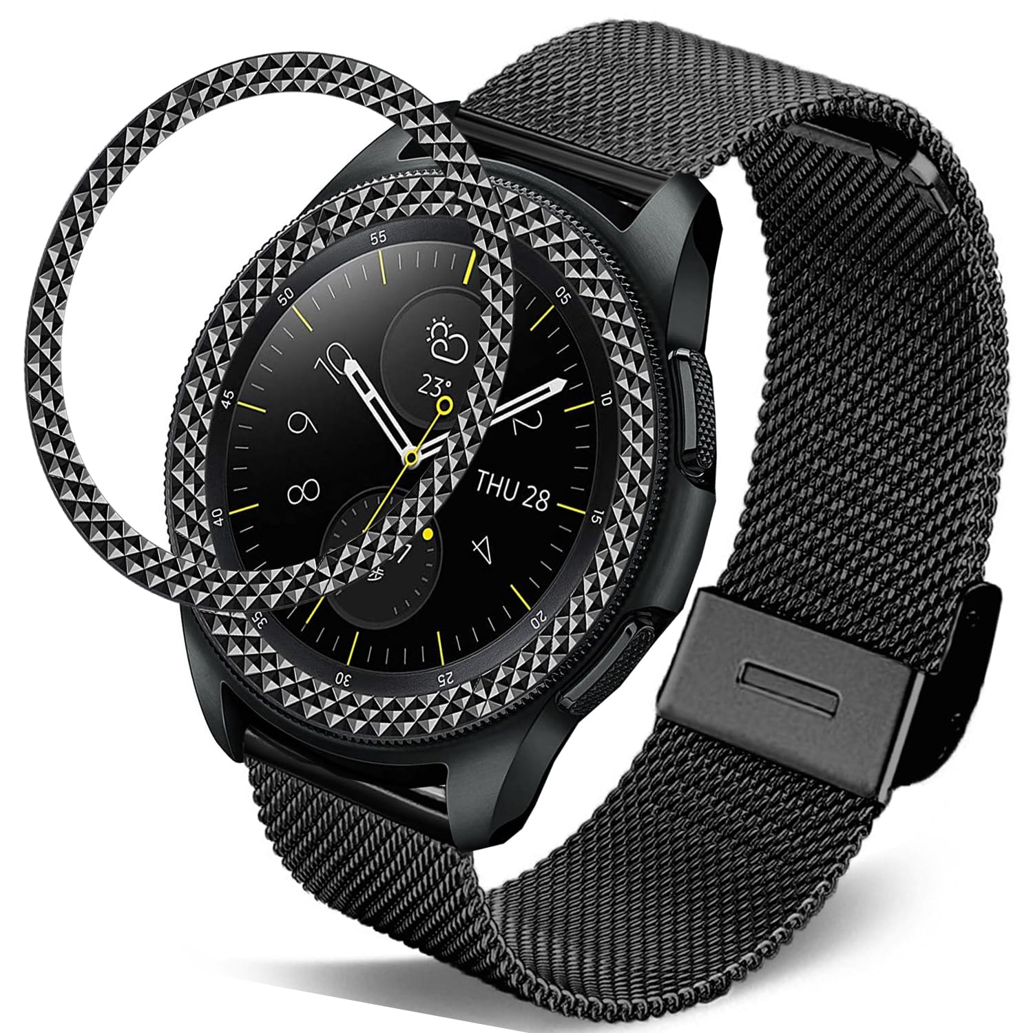 DEALELE Strap Compatible with Samsung Gear Sport/Galaxy Watch 42mm / Galaxy Watch 4 Classic (42mm), 20mm Stainless Steel Mesh Band with Rhombus Texture Bezel Ring Replacement for Women Men, Black