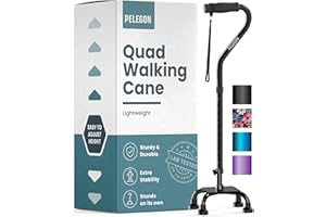 PELEGON Quad Cane (300 lb) - Adjustable Walking Cane with A Large 4 Pronged Base for Extra Balance & Stability, Walking Canes for Seniors, Walking Cane for Men & Women, Walking Sticks
