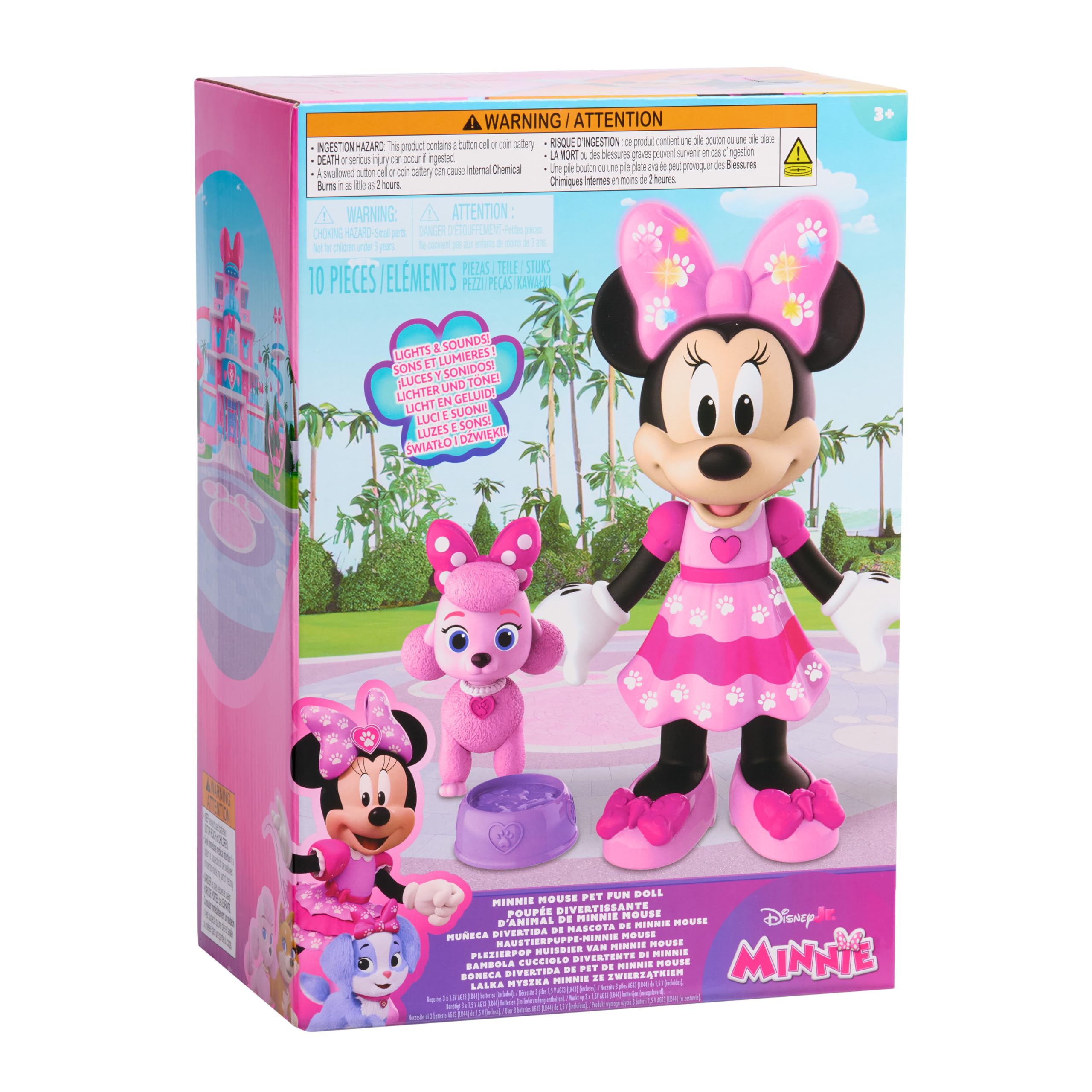 Disney Jr. Minnie Mouse Pet Fun Doll – 10-Inch Poseable Minnie Doll with Lights & Sounds, Accessories, Pink Poodle Toy, Kids Gift for Ages 3 and Up by Just Play, Kids Toys for Ages 3 Up by Just Play