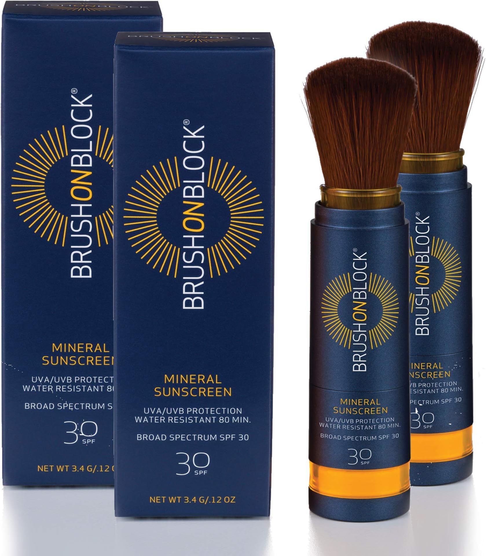 Brush On Block Mineral Sunscreen Powder, Refillable Broad-Spectrum SPF 30, Safe for Sensitive Skin, UVA UVB Face Protection, Natural, Reef Friendly, Translucent (2-Pack)