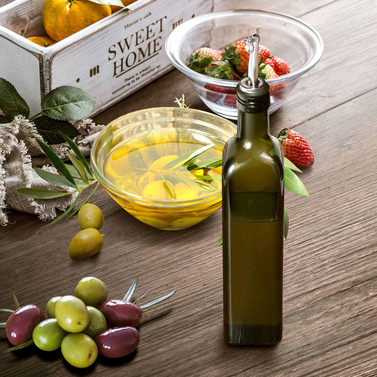 Aozita 17oz Glass Olive Oil Bottle - 500ml Green Oil & Vinegar Cruet with Pourers and Funnel - Olive Oil Carafe Decanter for Kitchen: Home Improvement