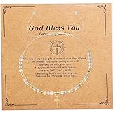 Agriajun Gold Cross Charm Rainbow Natural Stone Beaded Stack Bracelets Christian Gift for Women, Golden Beads Stackable Strand Bracelet Fashion Jewelry