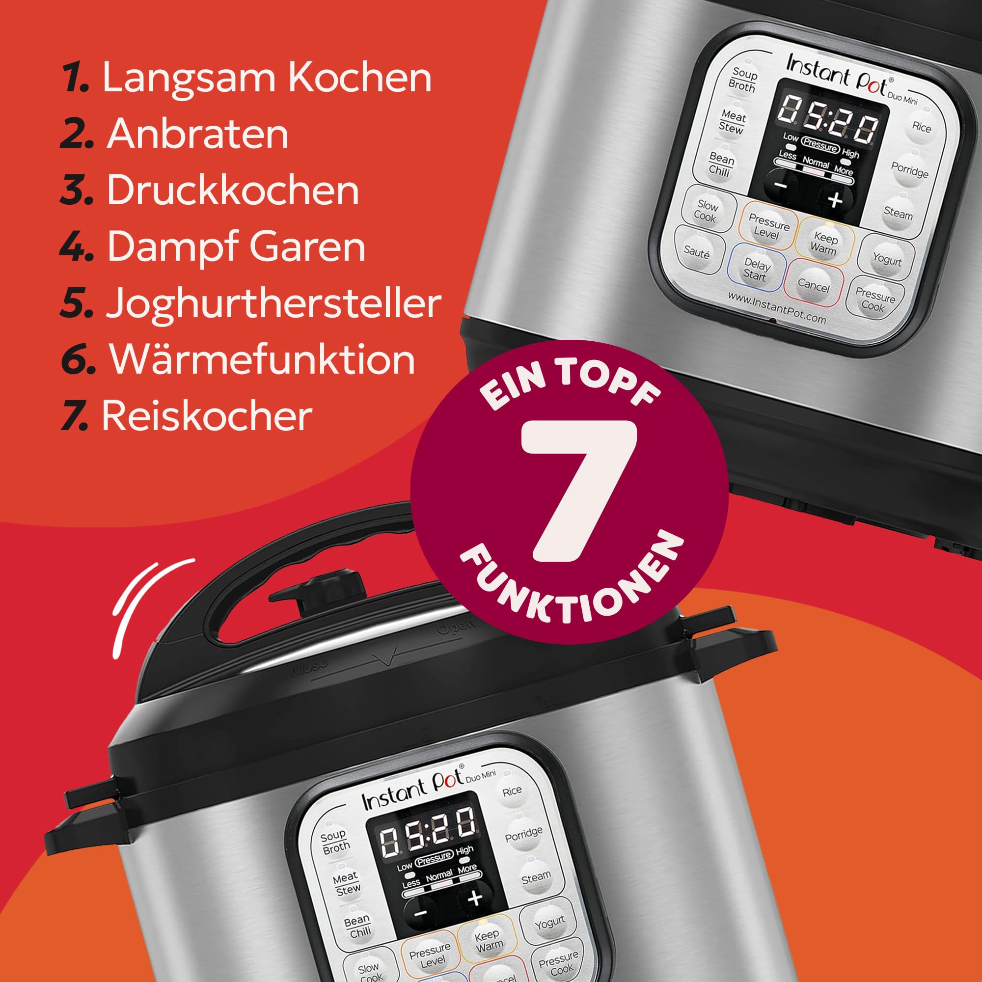 Instant Pot Duo 30 Elektro-Multikocher 3L - Schnellkochtopf, Schongarer, Reiskocher, Sautierpfanne, Joghurtbereiter, Dampfgarer und Speisewärmer, aus Edelstahl, Silver 2
