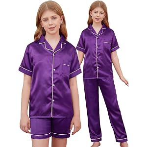 IHU 4 Piece Girls Pajamas Silk Satin PJs Boys Button Down Short Sleeve Set | With Notch Collar, Chest Pocket and Elastic Wais
